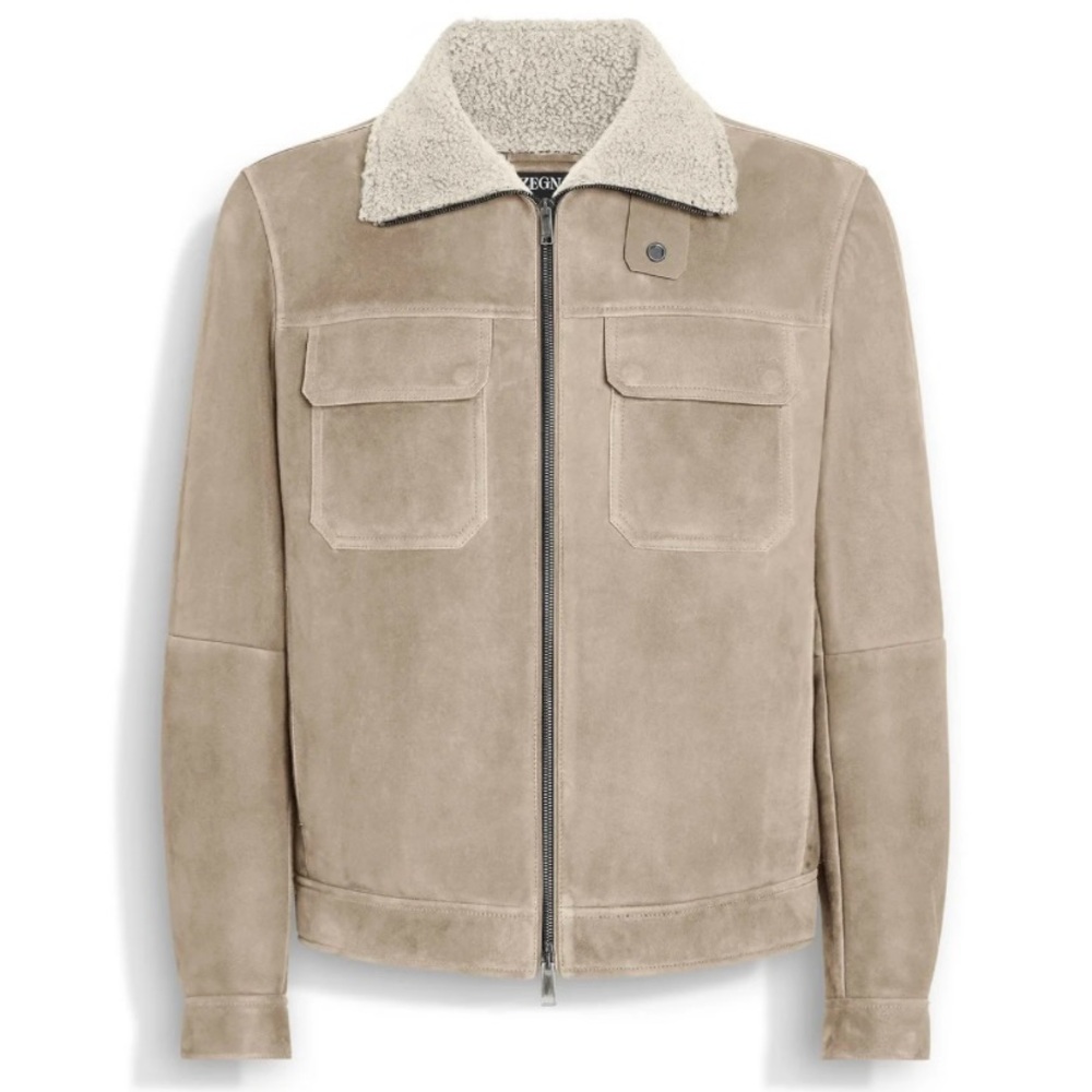 Zegna High Neck Leather Jacket Tan Suede Jacket with Shearling